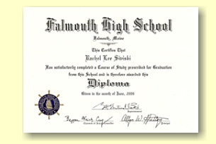 Falmouth High School diploma designed by University Cap & Gown