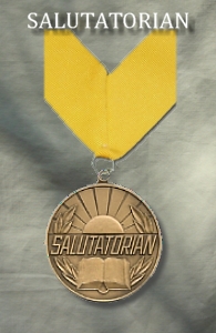The Salutatorian medallion featuring antiqued bronze finish is 3" in diameter and emblazoned with the symbols of academic accomplishment: including a laurel wreath, an open textbook, and a shining sun.